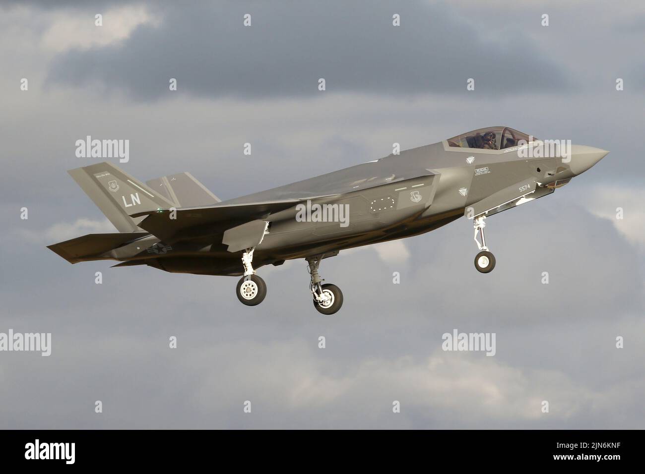 Lockheed Martin F-35A Lightning II strike fighters from the 495th Fighter Squadron returning to RAF Lakenheath, Suffolk after a local evening flight. Stock Photo