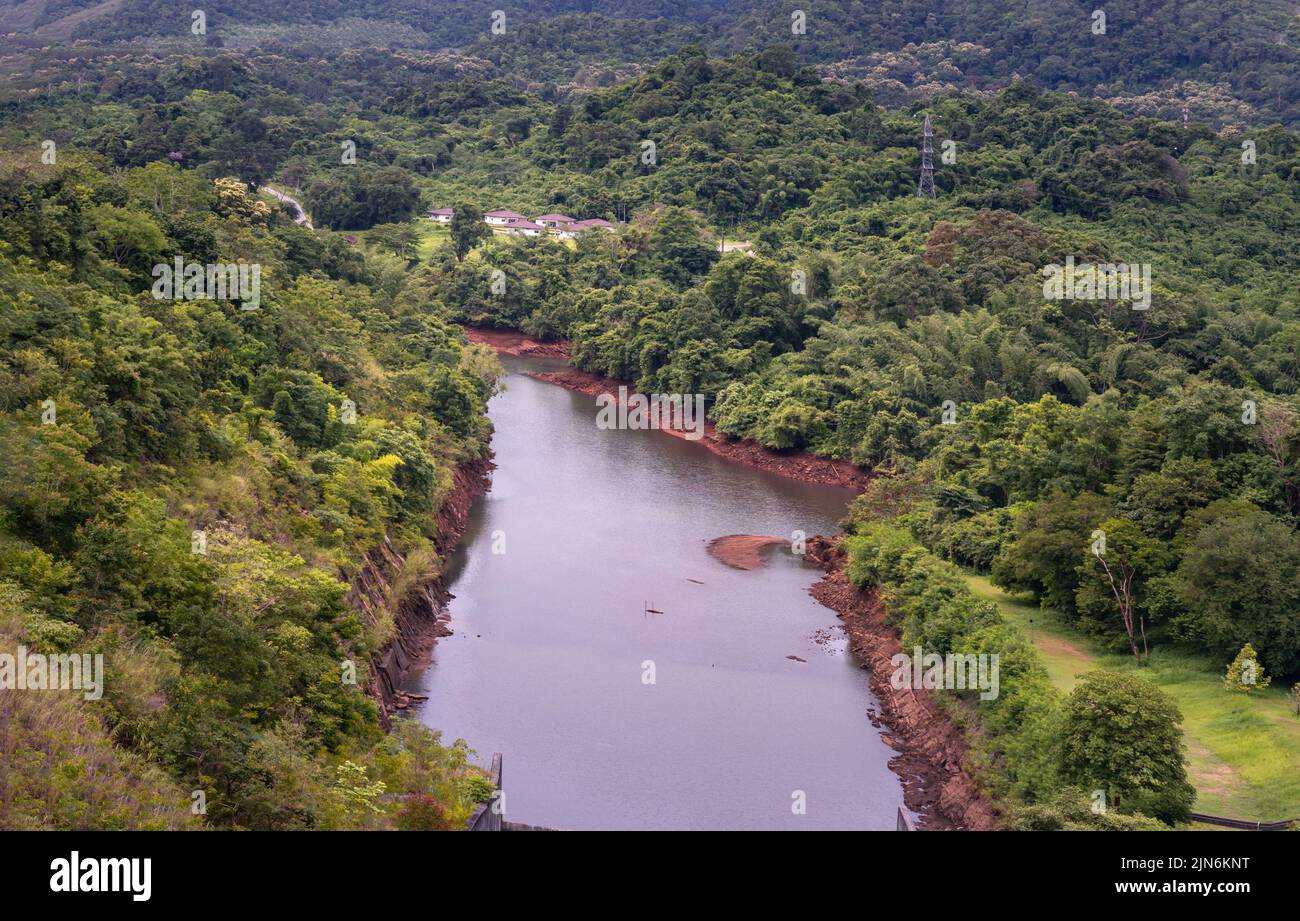 Drainage channels of large dams in dry season The water shortage. Landscape of empty reservoir or big concrete dam, Water resource management concept, Stock Photo