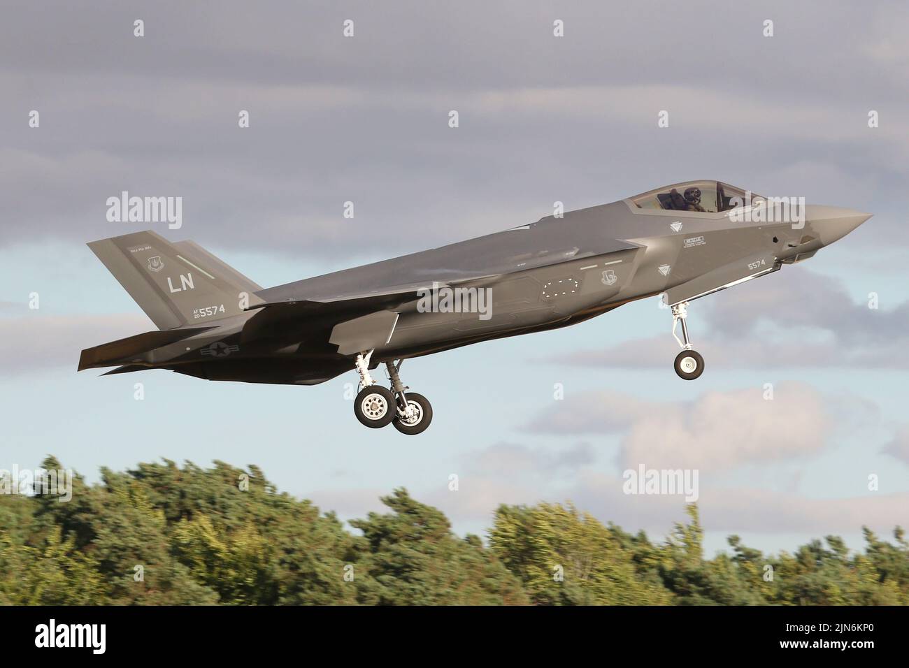 Lockheed Martin F-35A Lightning II strike fighters from the 495th Fighter Squadron returning to RAF Lakenheath, Suffolk after a local evening flight. Stock Photo
