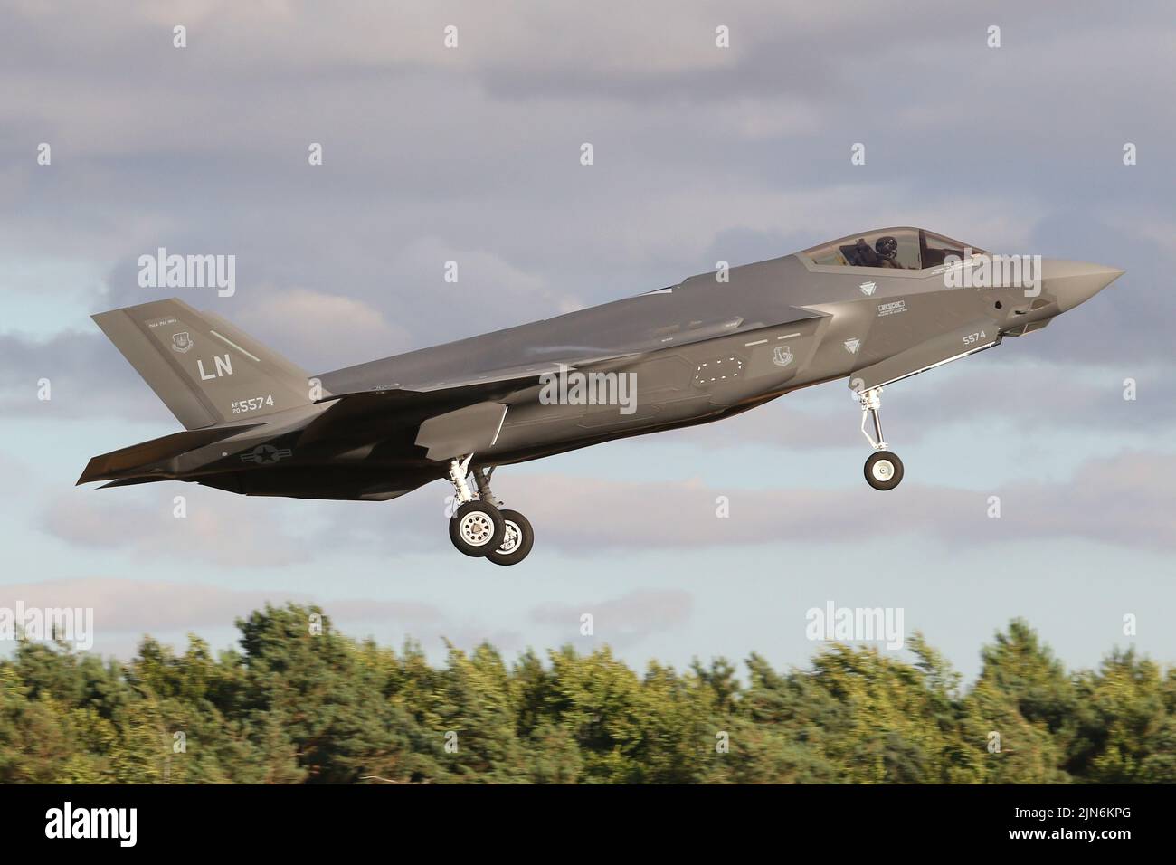 Lockheed Martin F-35A Lightning II strike fighters from the 495th Fighter Squadron returning to RAF Lakenheath, Suffolk after a local evening flight. Stock Photo
