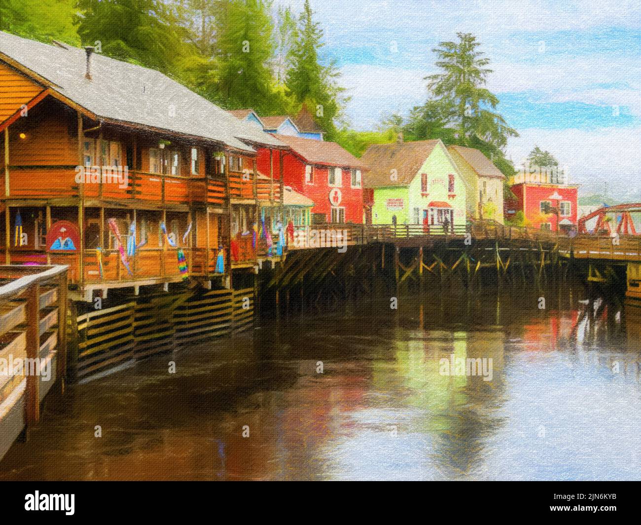 Pastel painting of the famous Creek Street boardwalk and shops in Ketchikan Alaska Stock Photo