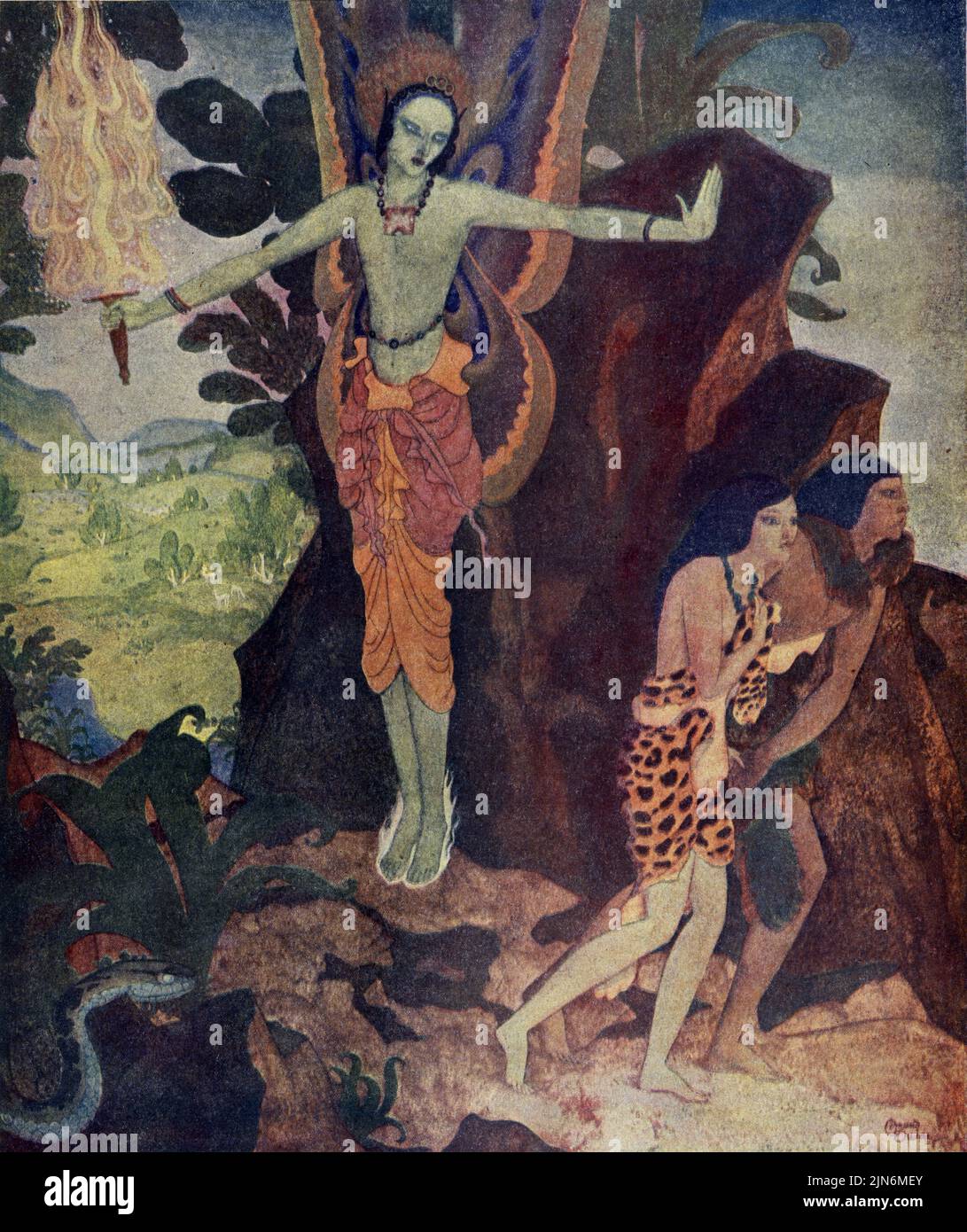 'The Angel with the Flaming Sword drives Adam and Eve out of  Eden' published Oct. 5,1924 in the American Weekly magazine painted by Edmund Dulac. Stock Photo