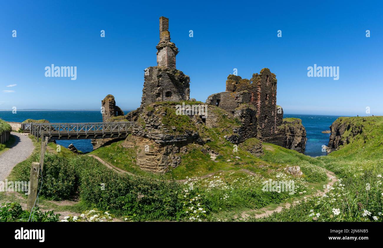 Wick, United Kingdom - 26 June, 2022: view of the Caithness coast and the ruins of the historic Castle Sinclair Girnigoe Stock Photo