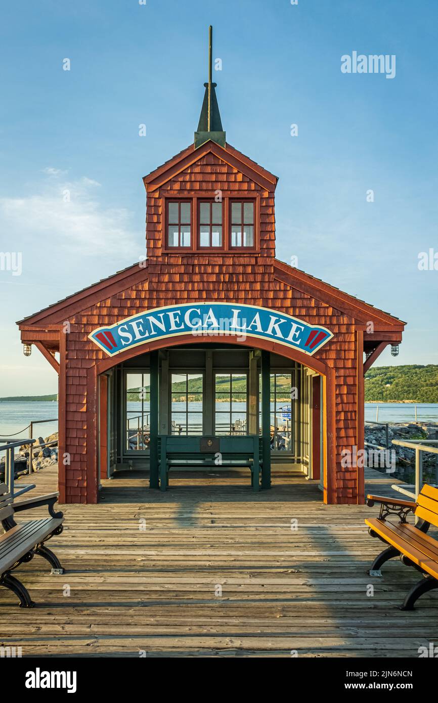 Seneca Lake sign on boathouse sitting on pier in Watkins Glen, New York. Stock Photo