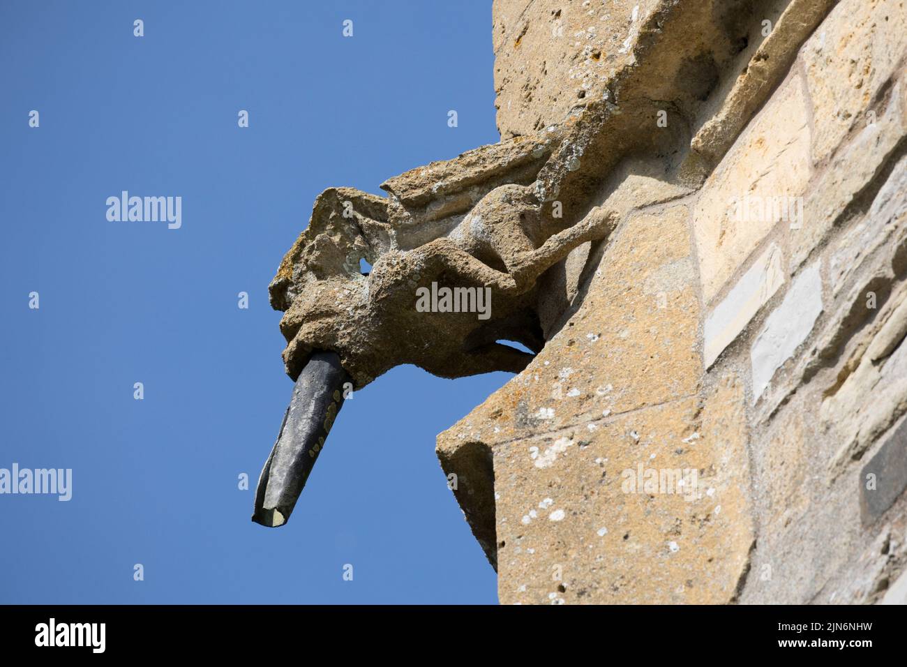 Weathered ancient gargoyle against blue sky on All Saints Church Weston on Avon Warwickshire UK Stock Photo