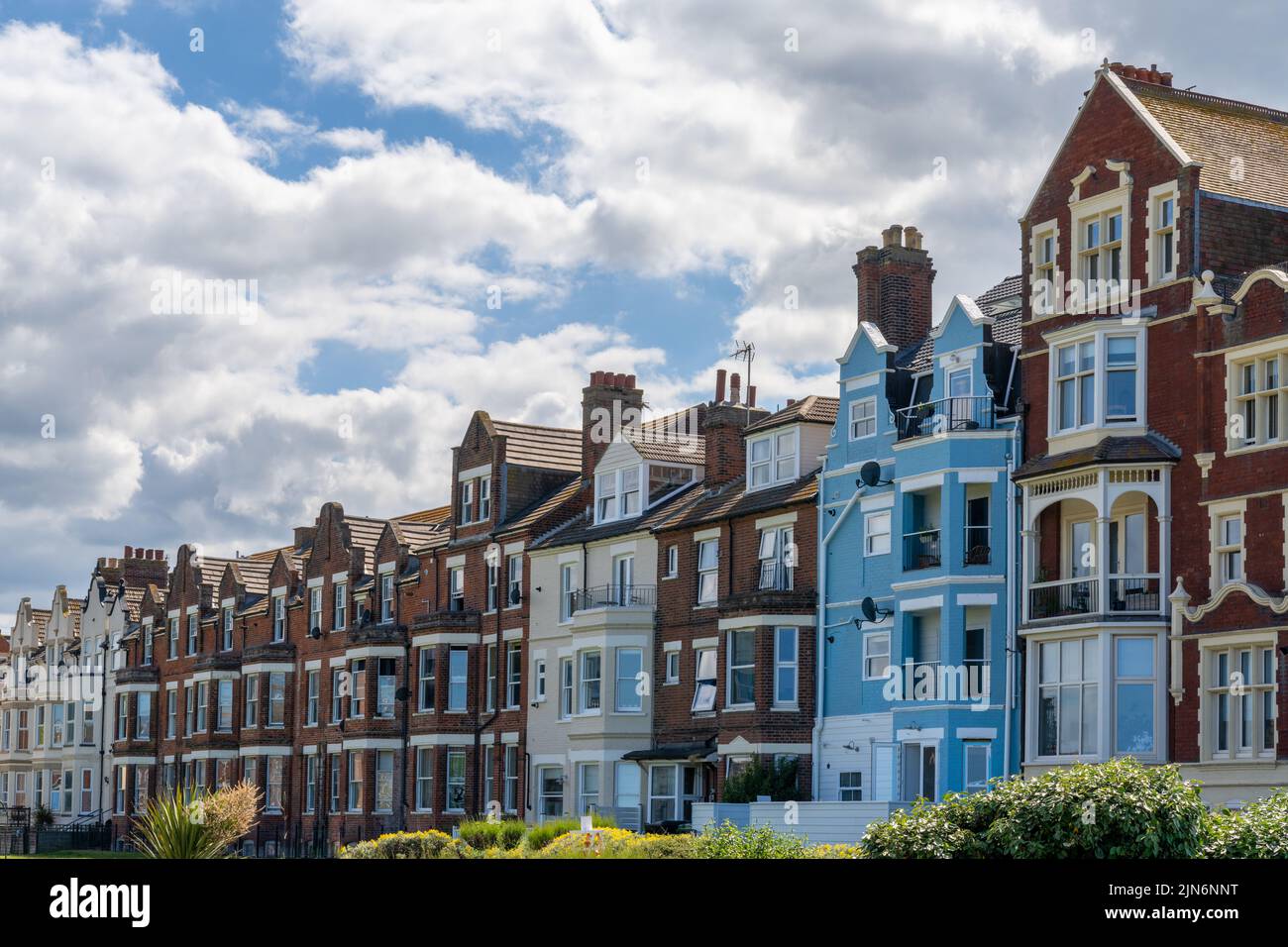Cromer, United Kingdom - 13 June, 2022: colorful English rowhouses and town houses in the historic city center of Cromer Stock Photo