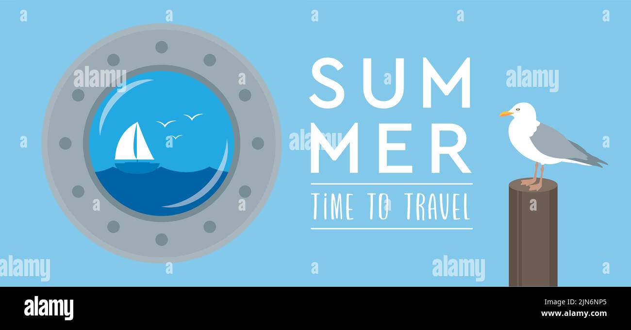 time to travel porthole with tropical seascape viewand gull marine summer holiday design Stock Vector