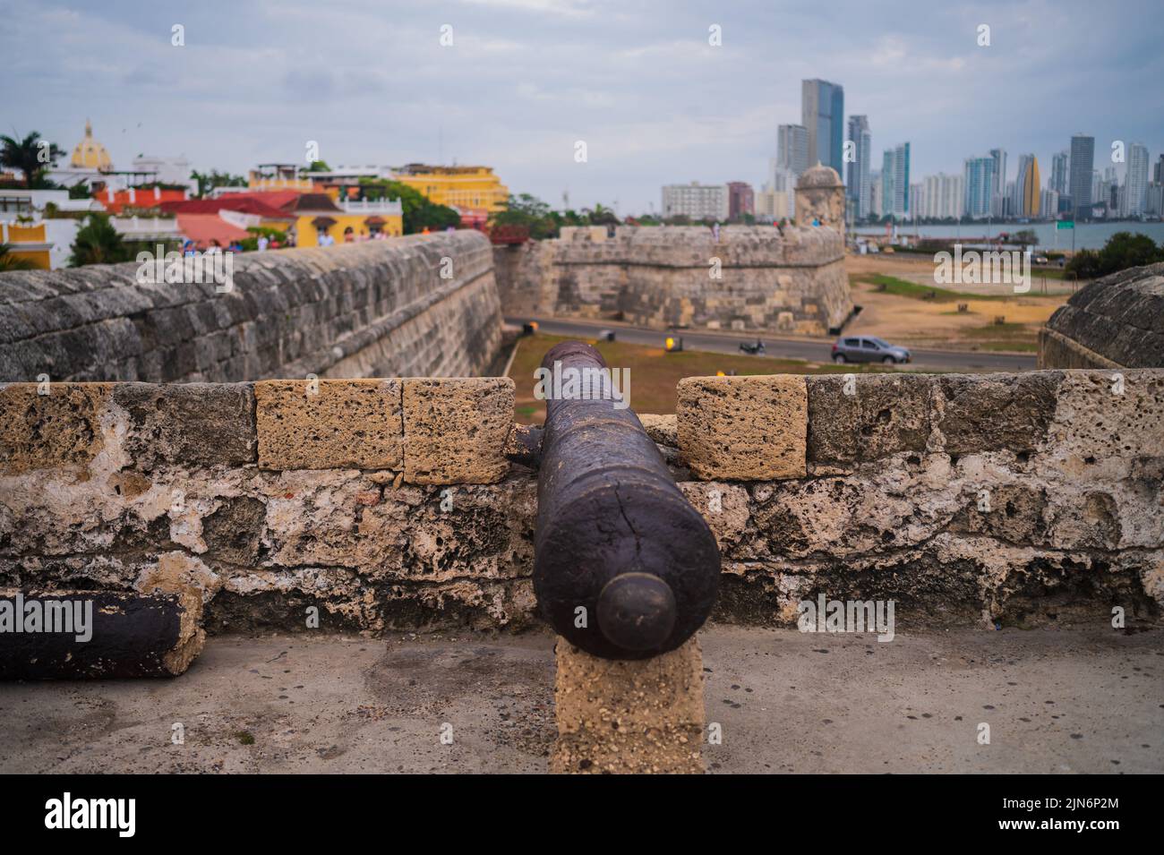 View of Bocagrande skyline from atop the old city walls of Cartagena de Indias, Colombia Stock Photo