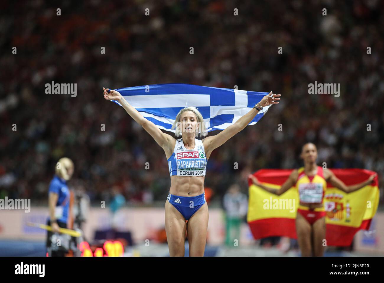 Paraskevi Papachristou with the flag of his country at the European ...