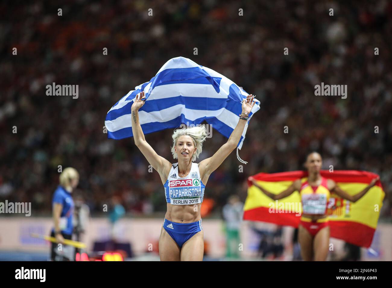 Paraskevi Papachristou with the flag of his country at the European ...