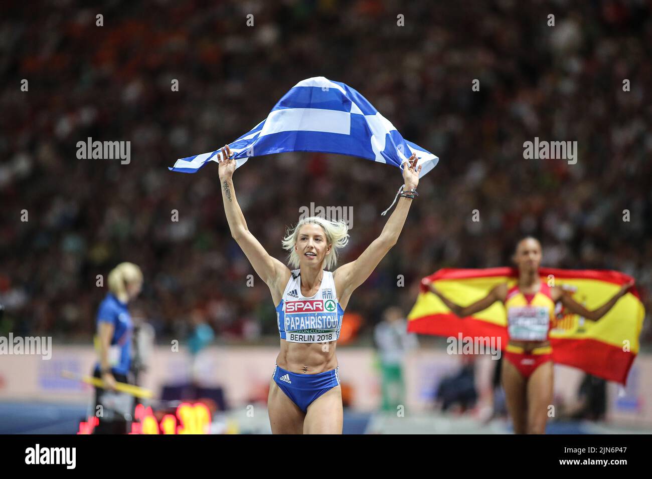 Paraskevi Papachristou with the flag of his country at the European ...