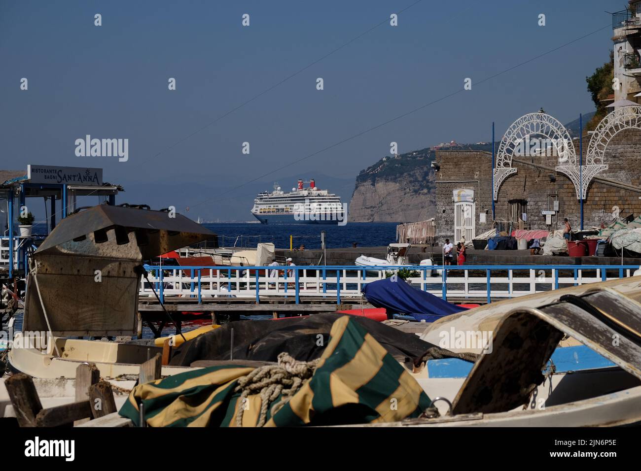 A view of the Bay of Naples with the Fred Olsen cruise liner Bolette moored off the coast of Sorrento. Stock Photo