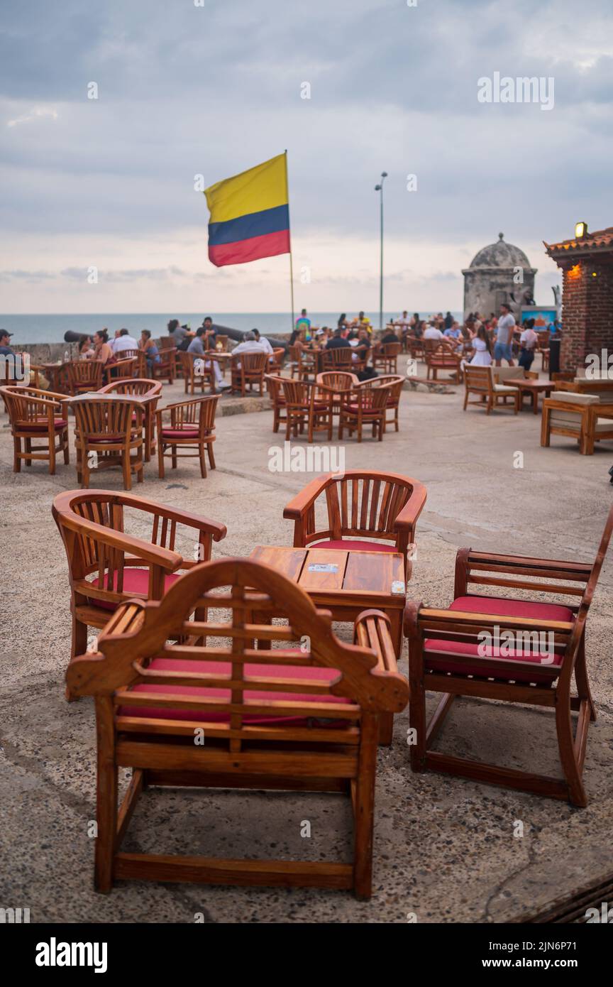 Popular Cafe del Mar lounge bar atop Baluarte Santo Domingo in old walled city of Cartagena, Colombia Stock Photo