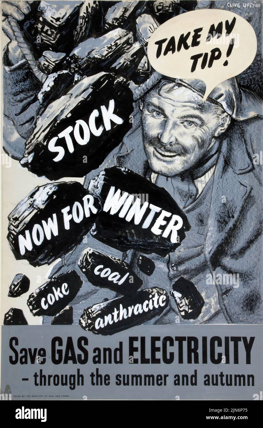 Take my tip! Stock now for winter. Coke, coal, anthracite. Save gas and electricity – through the summer and autumn (1939 - 1946) British World War II era poster by Clive Uptton Stock Photo