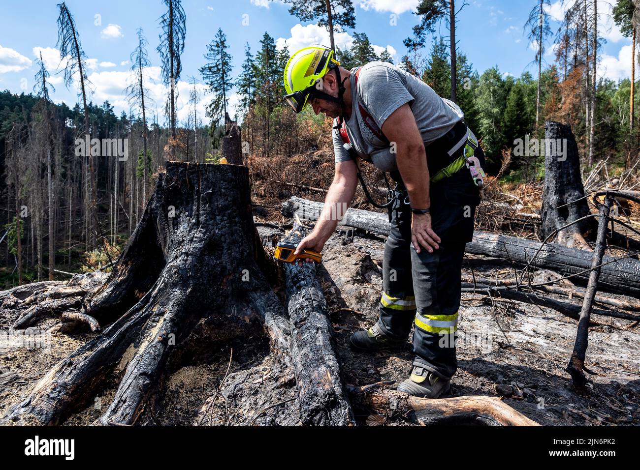 Hrensko, Czech Republic. 09th Aug, 2022. The burnt forests in the Ceske Svycarsko (Czech Switzerland) National Park, Czech Republic, August 9, 2022. A volunteer firefighter from Kresice in the Decin region measures the temperature of burnt trees with a thermal imaging camera in the Long Mine above the Edmund (Silent) Gorge, where he is guarding part of the first area handed over by the firefighters to the park administration after the firefighting is finished. Credit: Ondrej Hajek/CTK Photo/Alamy Live News Stock Photo
