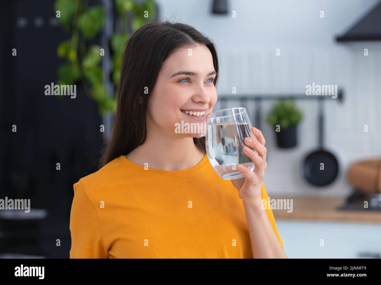 Healthy lifestyle Young smiling caucasian woman holding a glass of clean fresh water Stock Photo