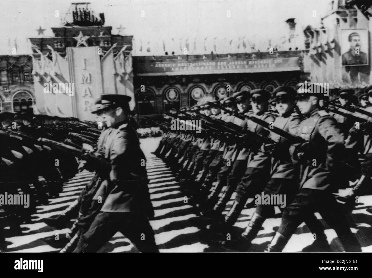 May Day in Moscow-Troops Parade -- This radio picture from Moscow, released by Sovphoto, shows, according to the Caption accompanying it; the May Day parade of troops of the Moscow Garrison on Red Square. May 02, 1950. Stock Photo