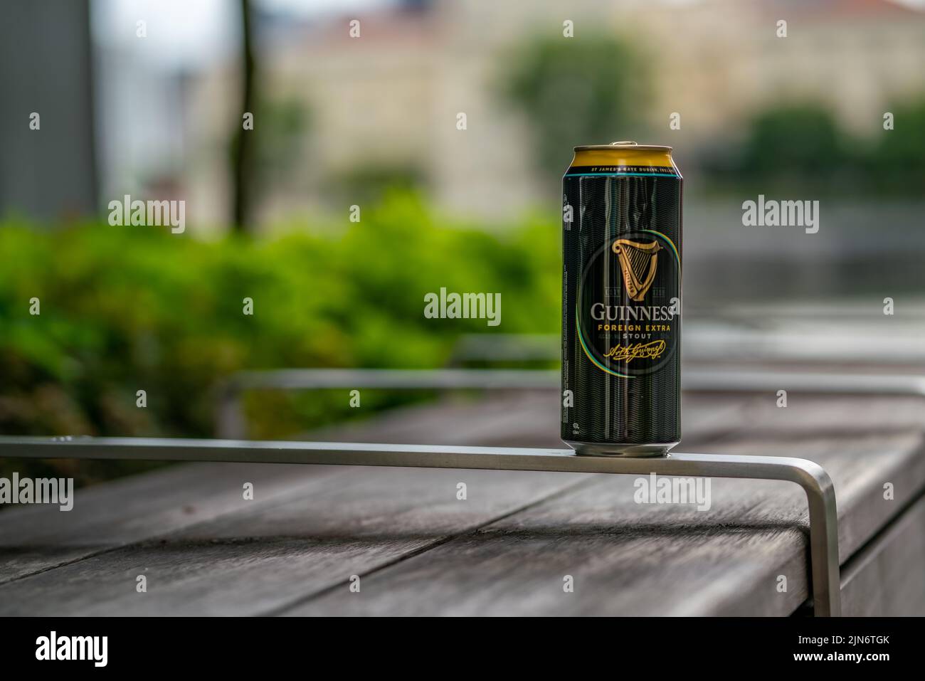One empty Guinness Foreign Extra beer can was littered at Boat Quay, Singa Stock Photo