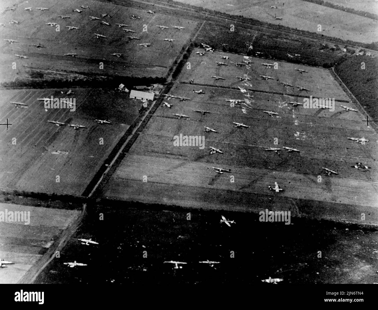 First Airborne Army Lands In Holland -- Pictures taken from an R.A.F photographic Reconnaissance spitfire, of the scene in Holland when the Allied airborne army carried out its first great operation on September 17th. Gliders filling one end of the filed after the great allied invasion. November 20, 1944. (Photo by British Official Photograph). Stock Photo