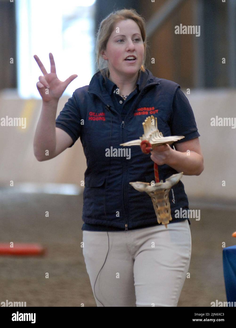 HORSE EXPERT GILLIAN HIGGINS DEMONSTRATES THE MOVEMENTS OF HORSES BONES