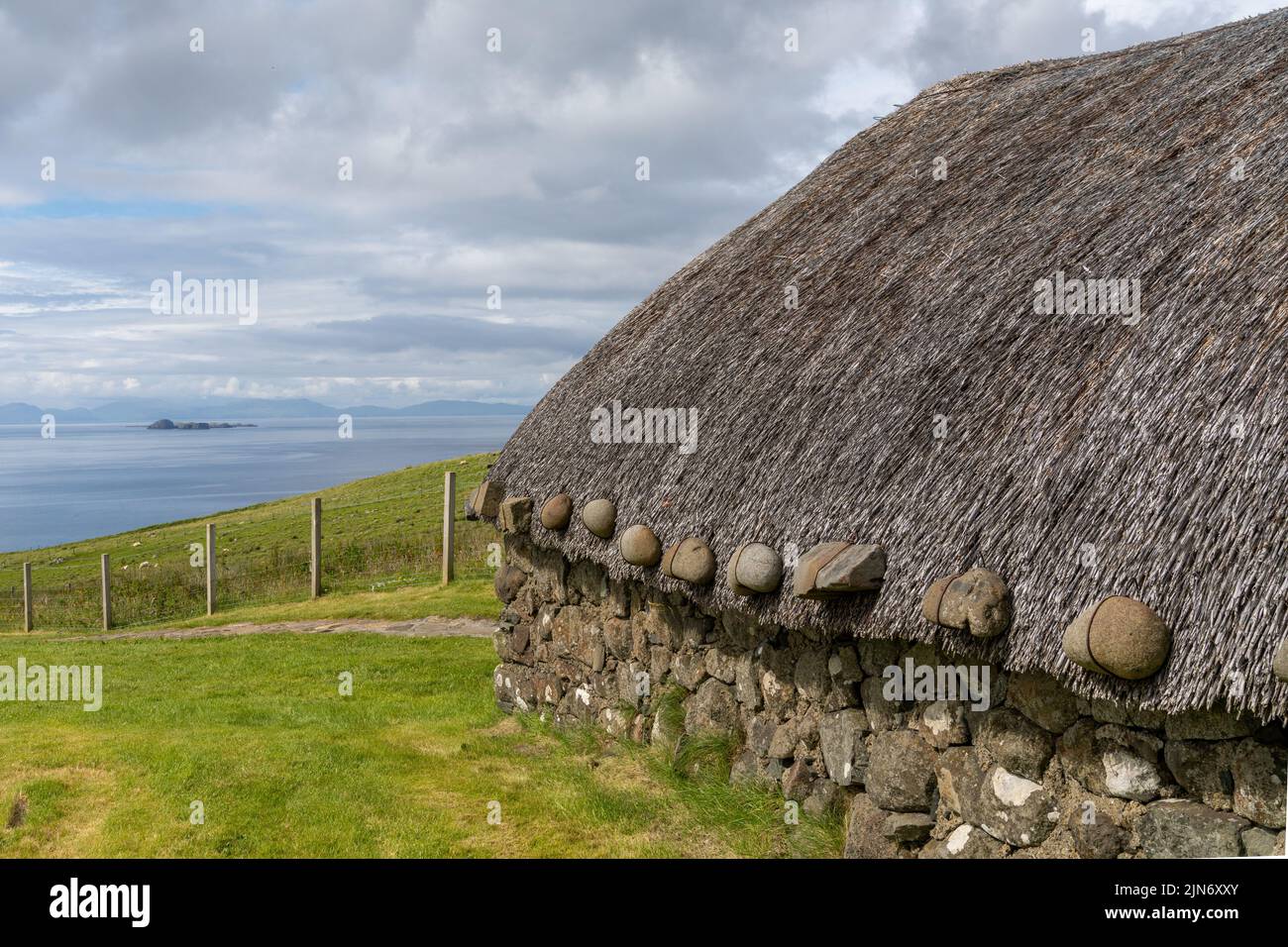 Kilmuir, United Kingdom 1 July, 2022 closeup view of a typical crofter cottage with thick