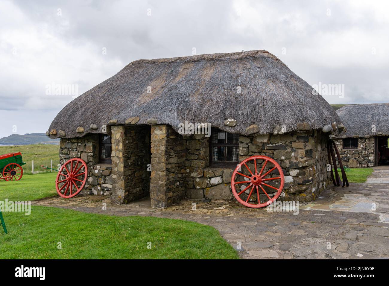 Kilmuir, United Kingdom 1 July, 2022 closeup view of a typical crofter cottage with thick