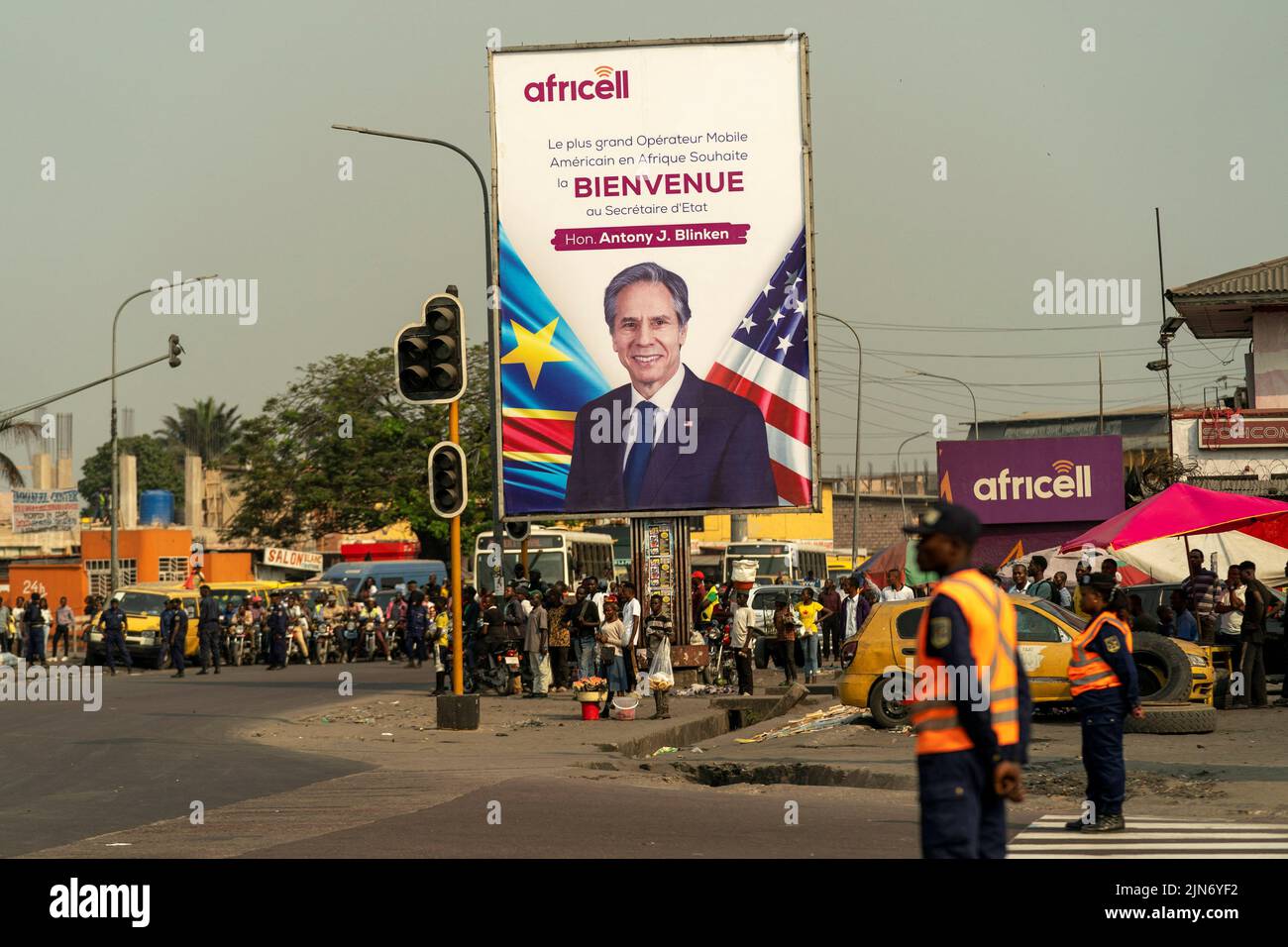 A billboard with U.S. Secretary of State Antony Blinken stands by the road as his motorcade moves through Kinshasa, Democratic Republic of the Congo, August 9, 2022. Andrew Harnik/Pool via REUTERS Stock Photo