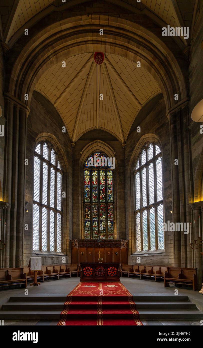 Linlithgow, United Kingdom - 19 June, 2022: vertical view of the high altar inside the St. Michael's Parish Church in Linlithgow Stock Photo