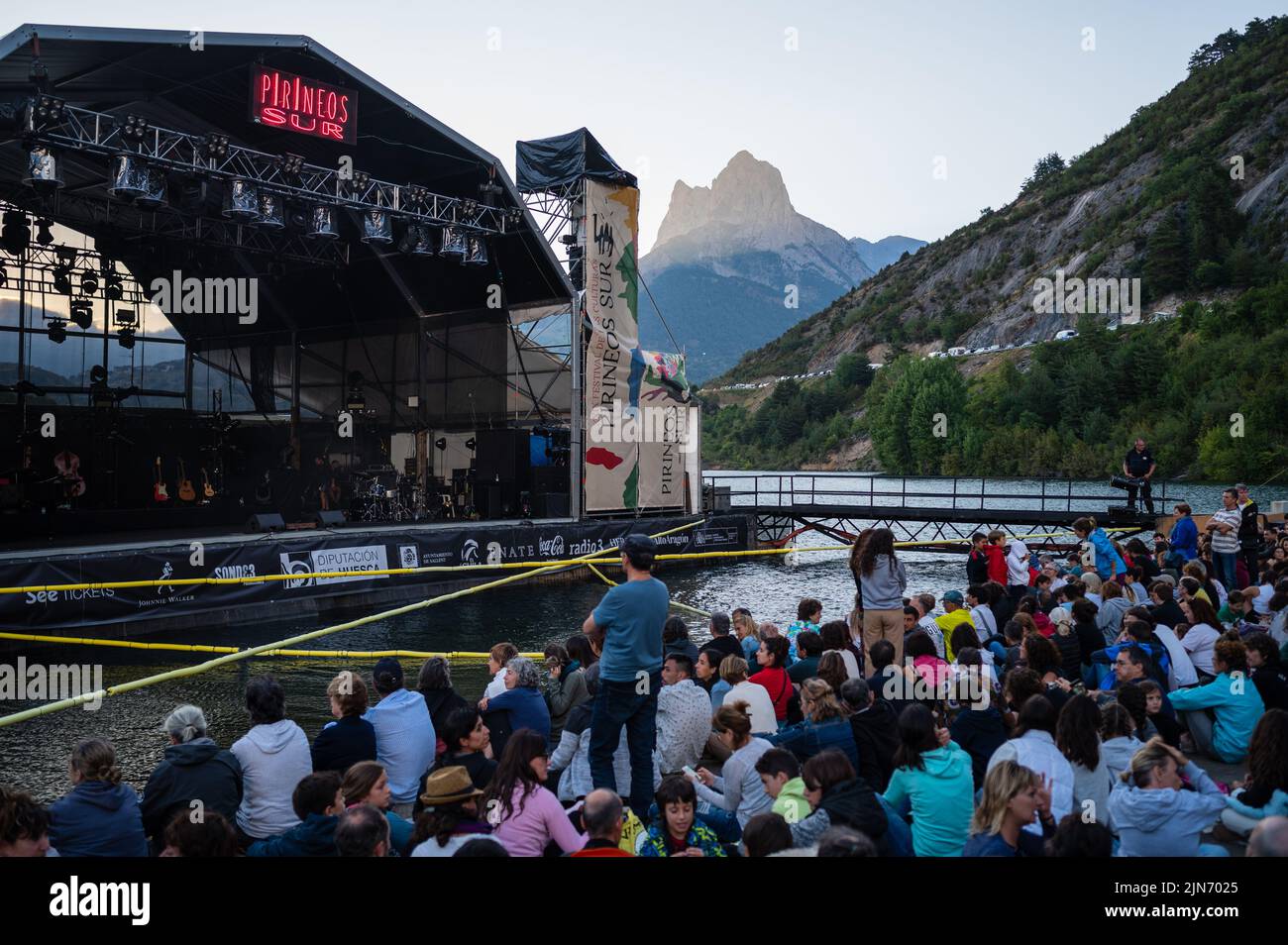 Floating stage on Lanuza reservoir at Pirineos Sur International Festival of Cultures in Sallent de Gallego, Huesca, Spain Stock Photo