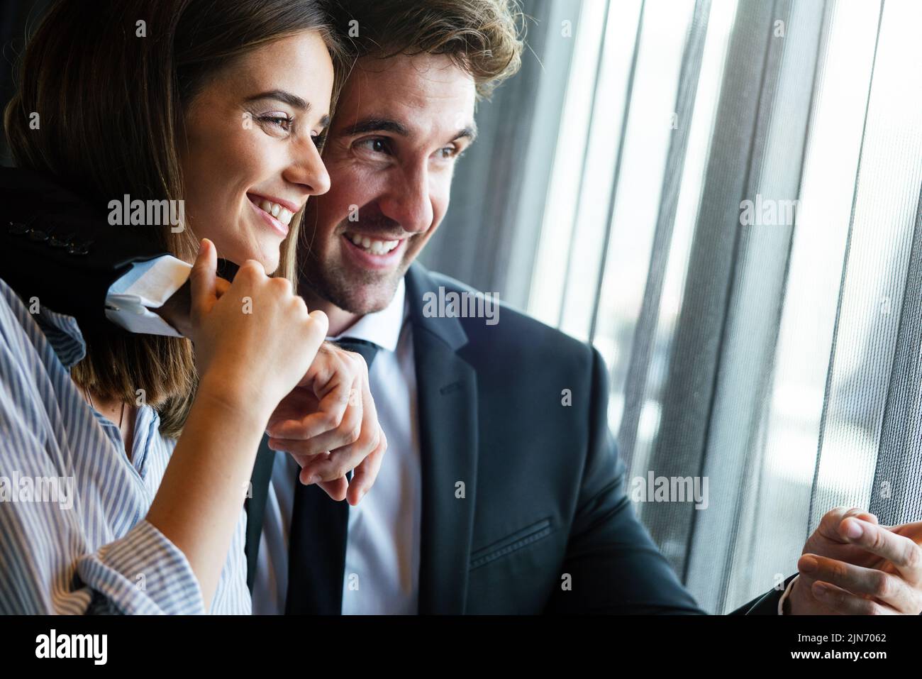 Young loving happy couple have fun smiling and talking Stock Photo