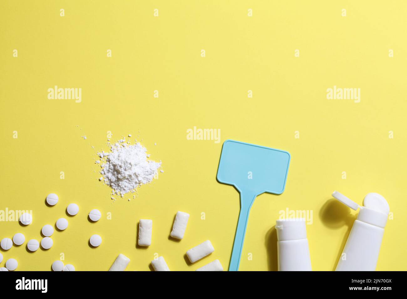 Titanium dioxide, E171, dangerous additive concept. gum, pills