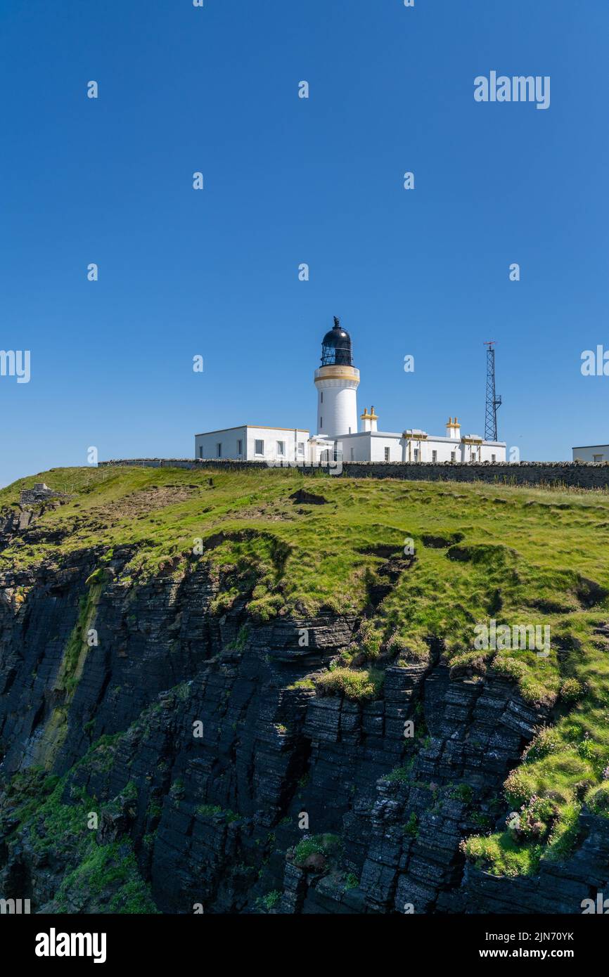 Wick, United Kingdom - 26 June, 2022: vertical view of the Noss Head Lighthouse in Caithness in the Scottish Highlands Stock Photo