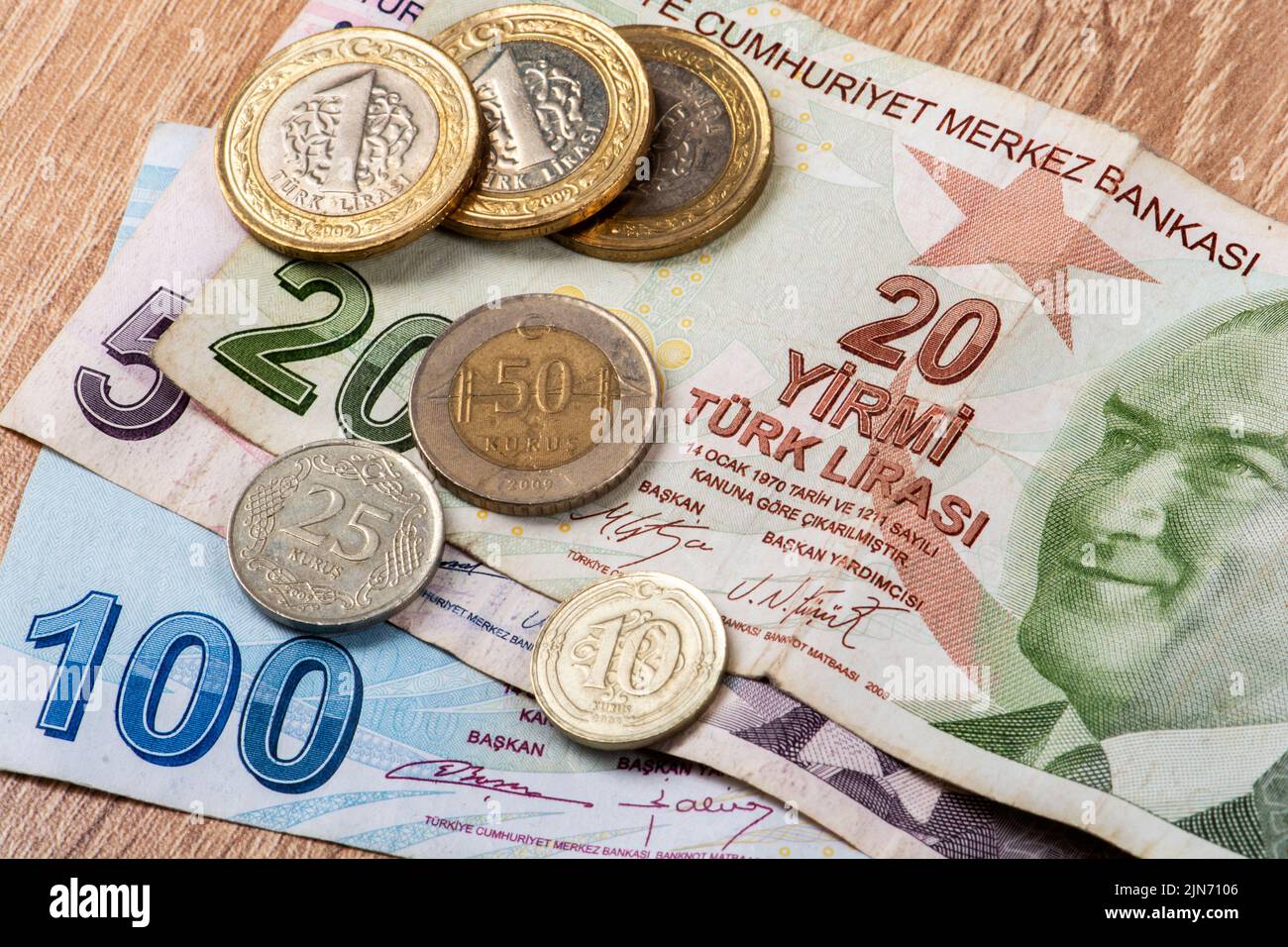Turkish Lira banknotes and coins on wooden table Stock Photo