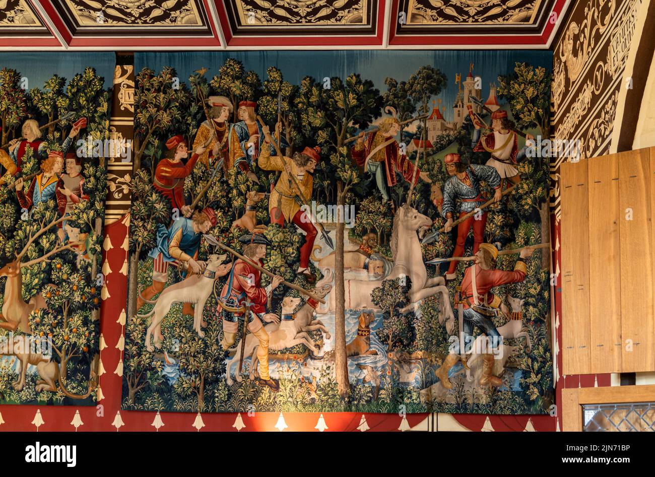 Stirling, United Kingdom - 20 June, 2022: replica tapestry of The Hunt For The Unicorn inside Stirling Castle Stock Photo