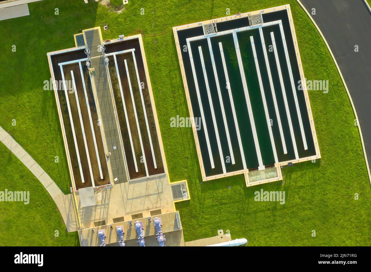 Aerial view of modern water cleaning facility at urban wastewater ...