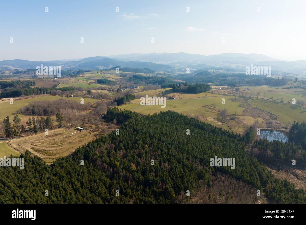 Aerial view of pine forest with large area of cut down trees as result