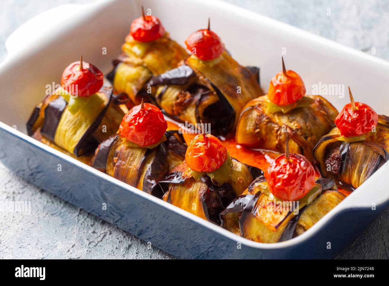 Traditional delicious Turkish food; Kofte kebab wrapped in eggplant