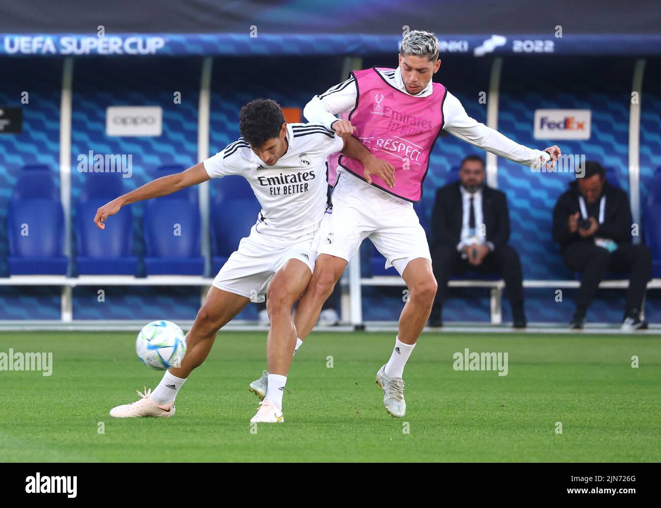Soccer Football - European Super Cup - Real Madrid Training - Helsinki Olympic Stadium, Helsinki, Finland - August 9, 2022 Real Madrid's Jesus Vallejo and Federico Valverde and during training REUTERS/Kai Pfaffenbach Stock Photo