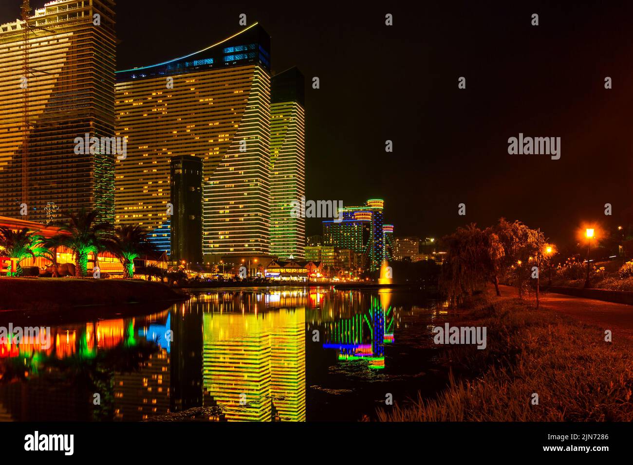 Batumi, Georgia. 1 July 2022: Night illumination on skyscrapers Stock Photo