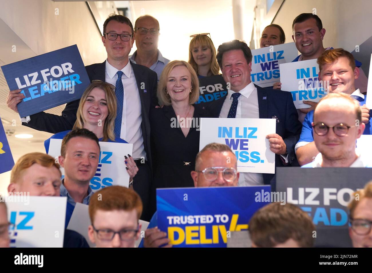 Liz Truss with supporters prior to a hustings event in Darlington, County Durham, as part of the campaign to be leader of the Conservative Party and the next prime minister. Picture date: Tuesday August 9, 2022. Stock Photo