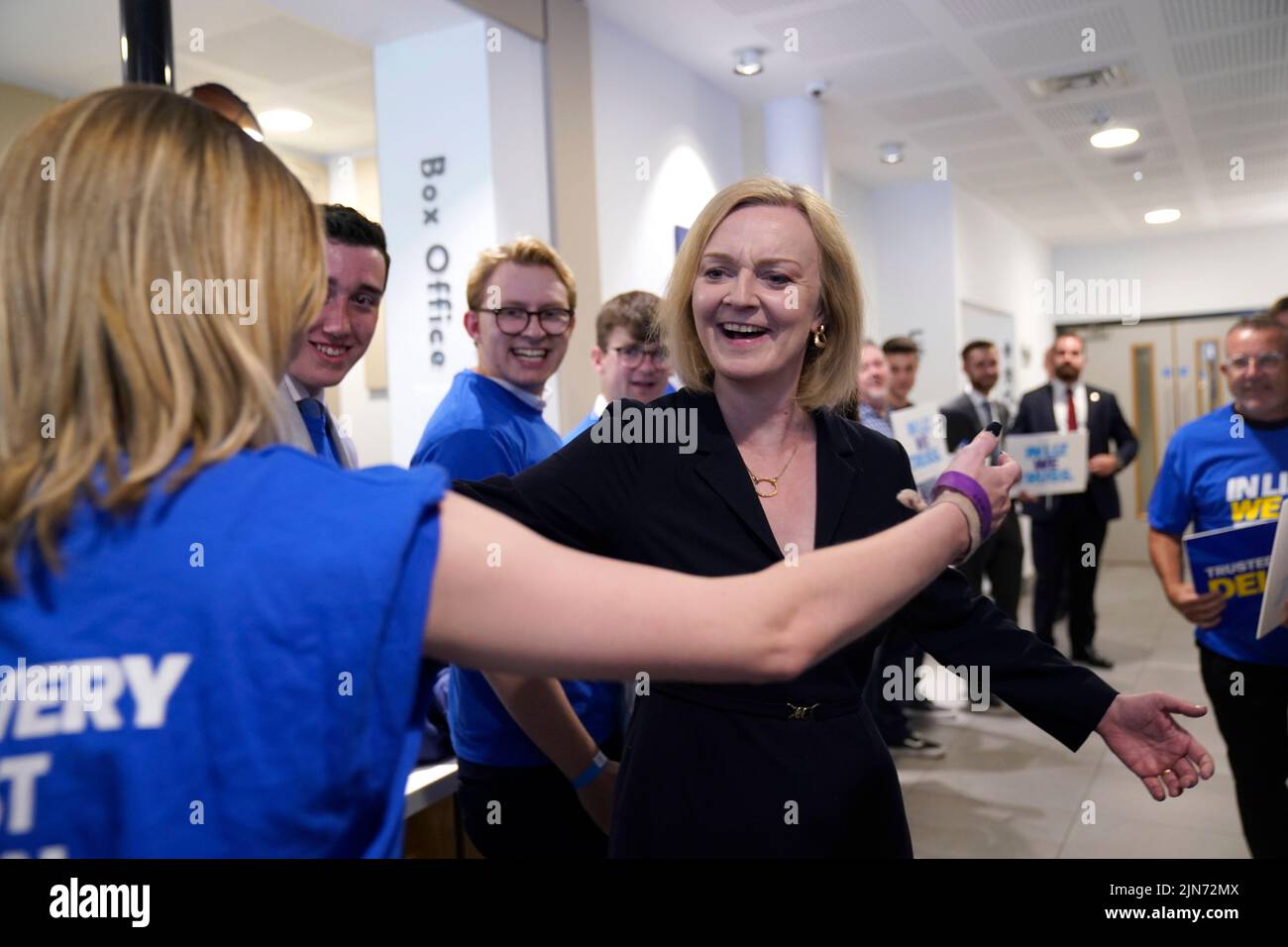 Liz Truss with supporters prior to a hustings event in Darlington, County Durham, as part of the campaign to be leader of the Conservative Party and the next prime minister. Picture date: Tuesday August 9, 2022. Stock Photo