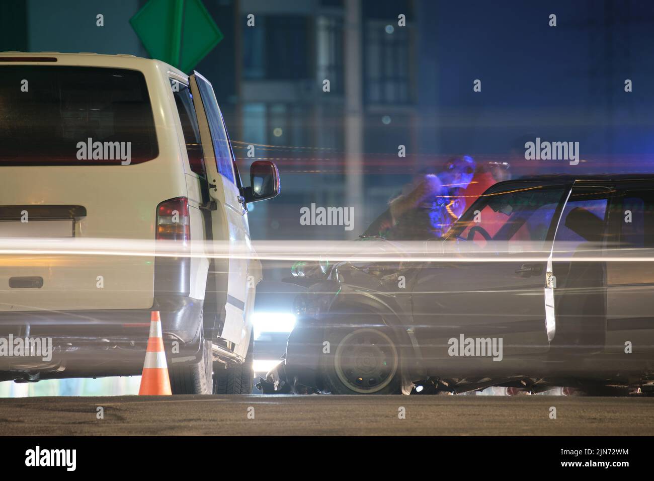 Cars crashed heavily in road accident after collision on city street at