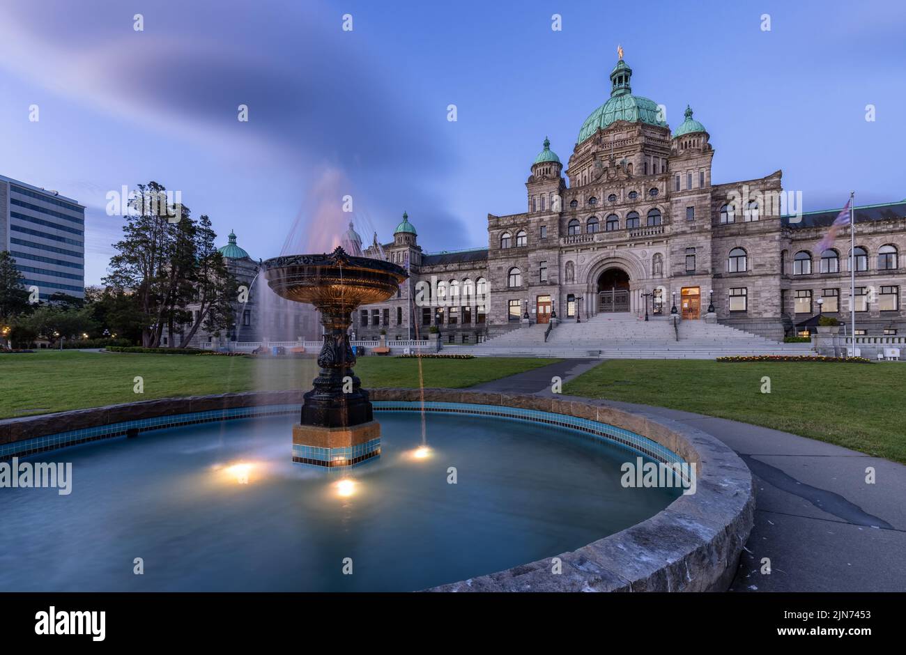 Legislative Assembly of British Columbia in the Capital City during colorful sunrise. Stock Photo
