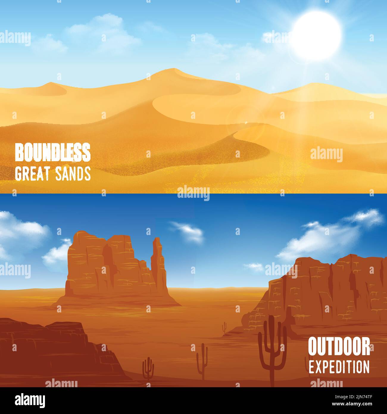 Horizontal beautiful desert landscape flat banners isolated vector