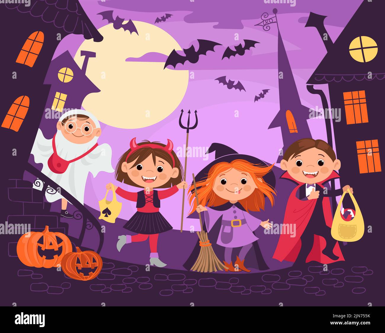 Halloween city. Kids on naughty street. Children in holiday monster