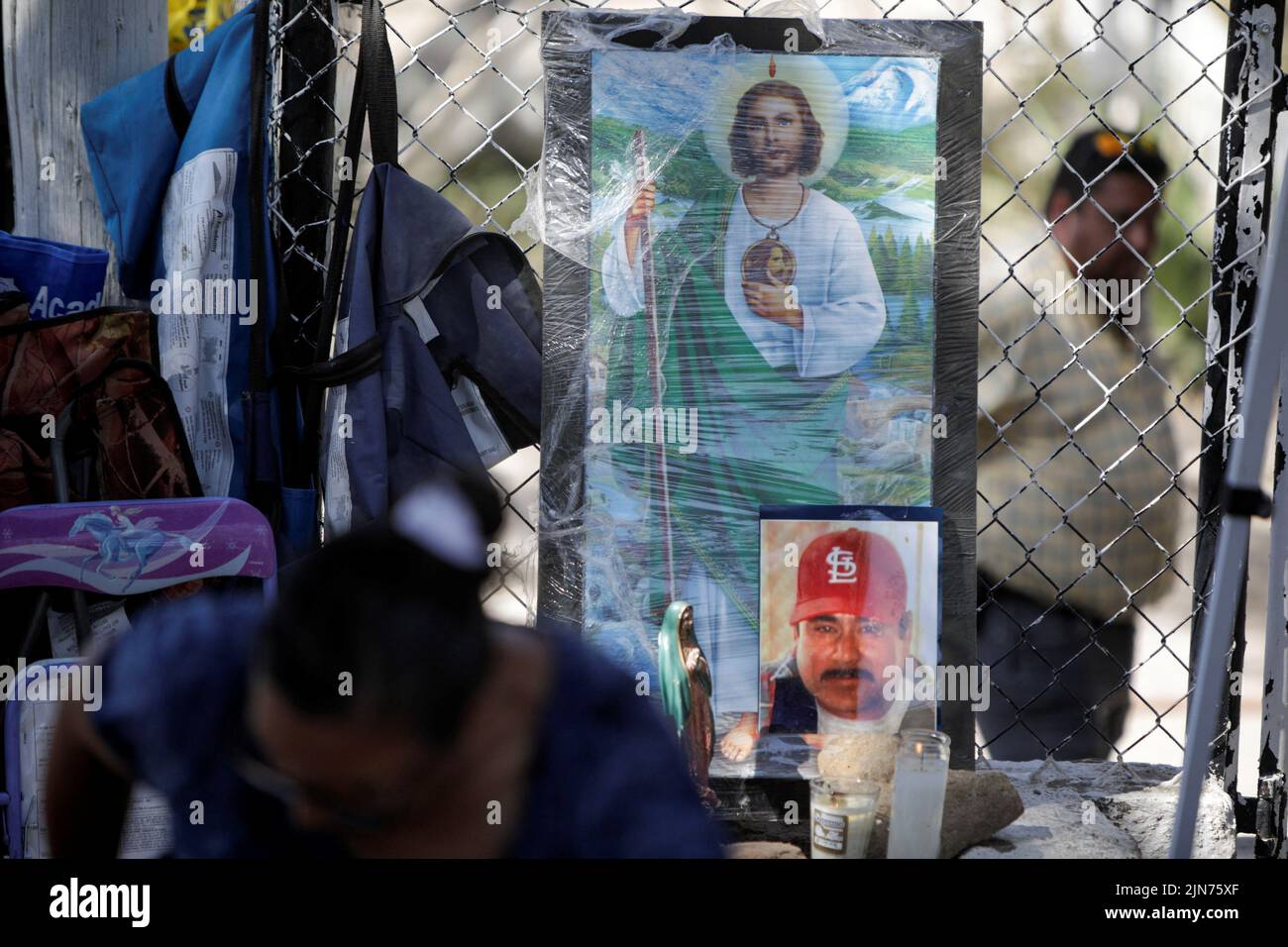 An altar made by relatives of Jaime Montelongo Perez, one of the trapped miners, sits outside the facilities of a coal mine where a mine shaft collapsed leaving miners trapped, in Sabinas, Coahuila state, Mexico, August 9, 2022. REUTERS/Luis Cortes Stock Photo