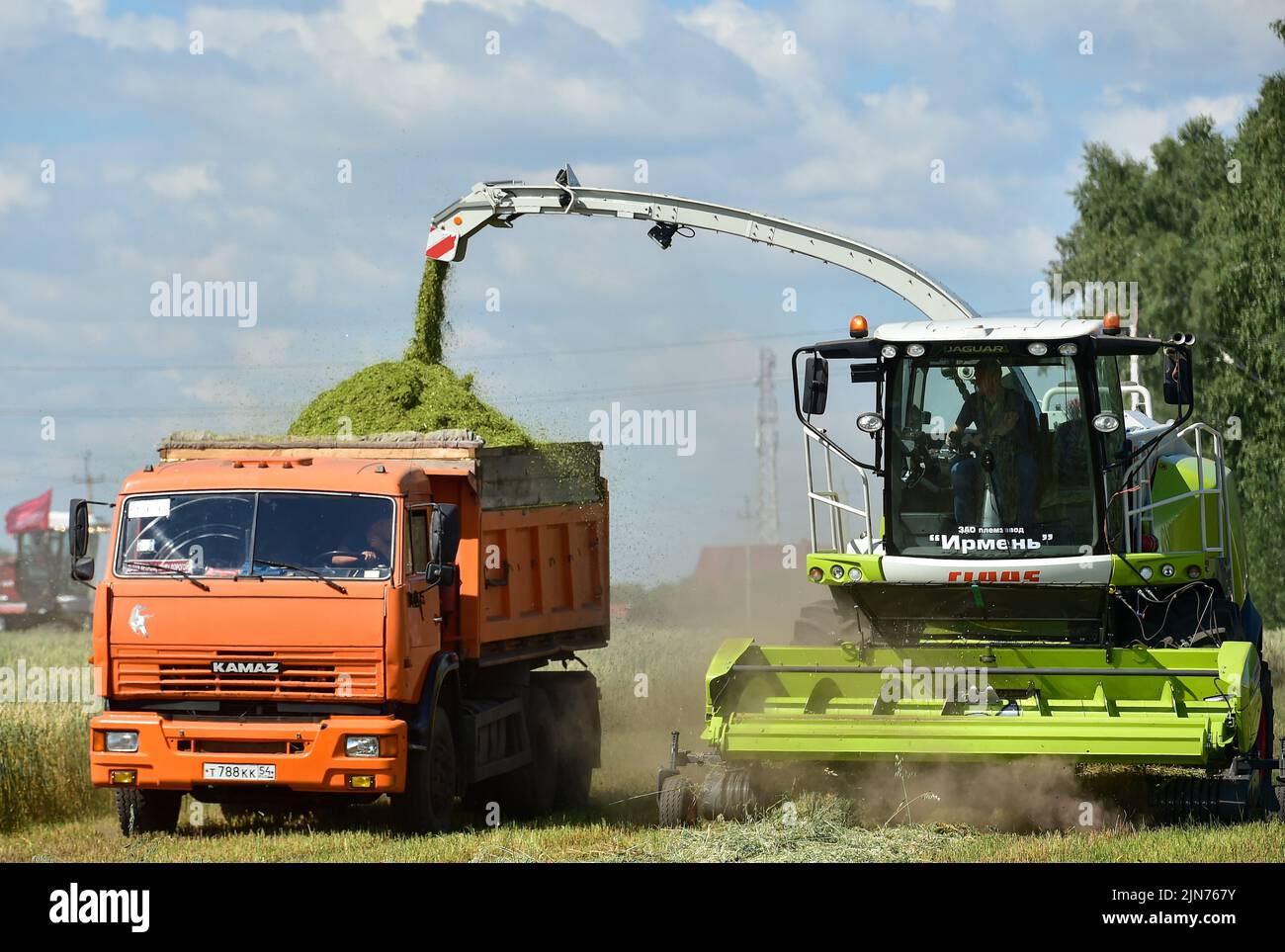 Regional demonstration site of modern technologies in agricultural production 'Field Day 2022' in Novosibirsk. Genre photography. Harvesting hay with a combine harvester from the field. 05.08.2022 Russia, Novosibirsk Photo credit: Vlad Nekrasov/Kommersant/Sipa USA Stock Photo