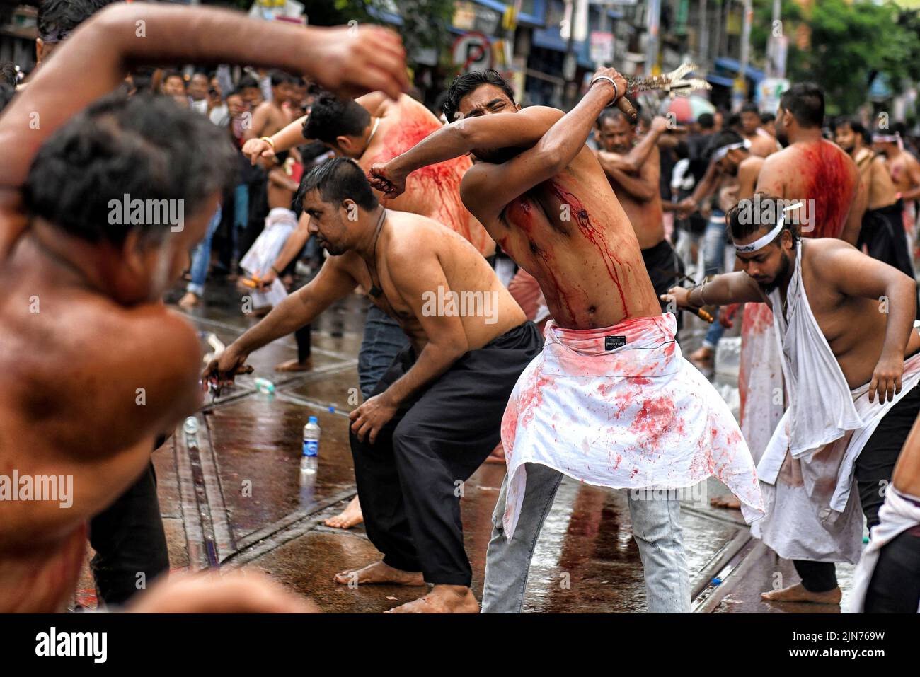 (EDITORS NOTE: Image contains graphic content.) Shi'ite Muslims covered in blood beat their chests and heads with blades during the Muharram procession of Kolkata. Muharram is the first month of the Islamic calendar & Ashura is the tenth day of the month of Muharram on which the commemoration of the martyrdom of Imam Hussain, the grandson of Prophet Muhammad (PBUH), during the battle of Karbala, is done. It is part of Mourning for Shia Muslims and a day of fasting for Sunni Muslims that is observed all over the World. Stock Photo