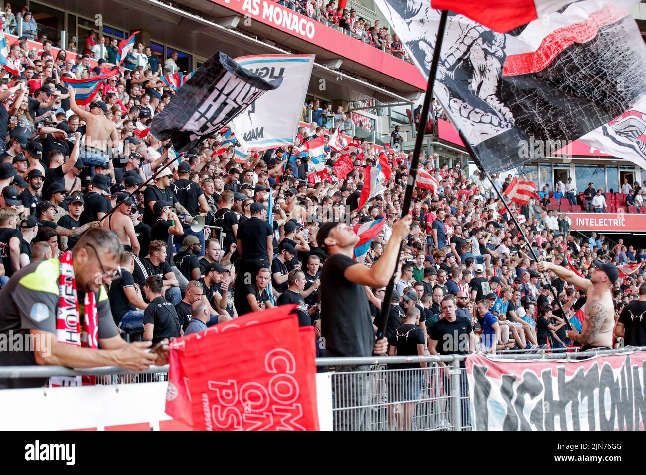 EINDHOVEN, NETHERLANDS - AUGUST 9: Fans Supporters during the UEFA Champions League Qualification match between PSV Eindhoven and AS Monaco at Philips Stadion on August 9, 2022 in Eindhoven, Netherlands (Photo by Broer van den Boom/Orange Pictures) Stock Photo