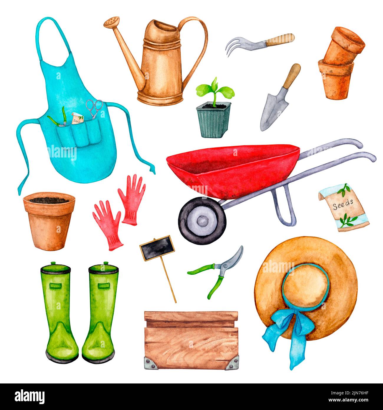 Garden work. A set of watercolor elements: garden tools, inventory, protective clothing. For the design of a postcard, invitation, poster, billboard, Stock Photo